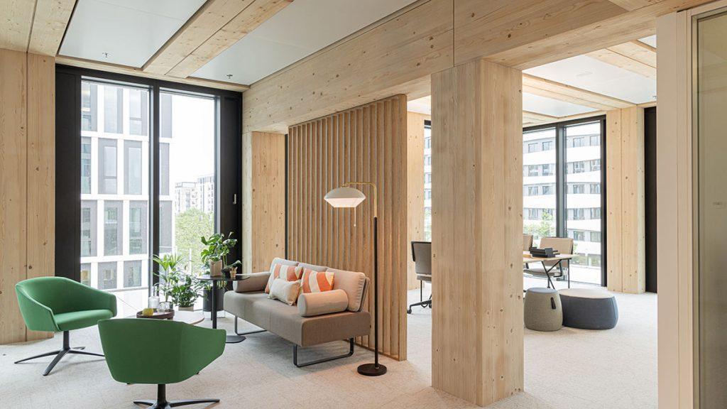 Timber Pioneer, Bürogebäude, Frankfurt, Europaviertel, Holz-Hybrid-Bau, Interior Design