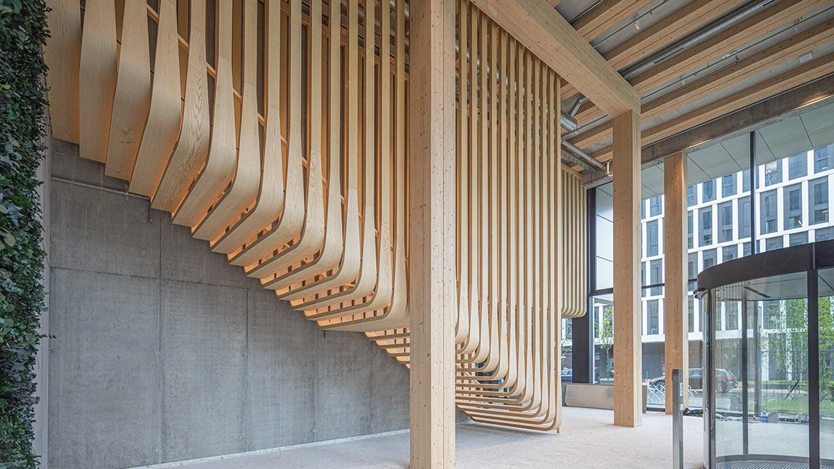 Lobby, Timber Pioneer, Bürogebäude, Frankfurt, Europaviertel, Holz-Hybrid-Bau, Interior Design
