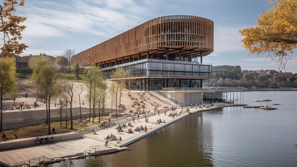 Ein Gebäude, dass architektonische einem Schiff ähnelt, am Flussufer
