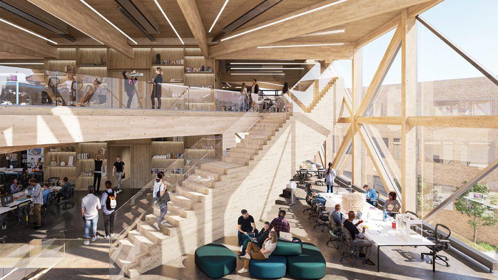 Holzbau „KUbe“ fürs Holzbau-Studium: Das neue, von BIG designte Gebäude der University of Kansas demonstriert nachhaltige Techniken. (Bild: Kilograph)
