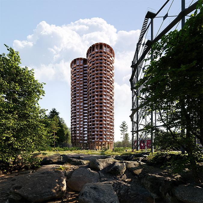 Stadsljus: Der Wohnturm in Stockholms Entwicklungsgebiet passt sich optisch an die umliegenden, neu genutzten Gasometer an. (Bild: COBE & Yellon) 