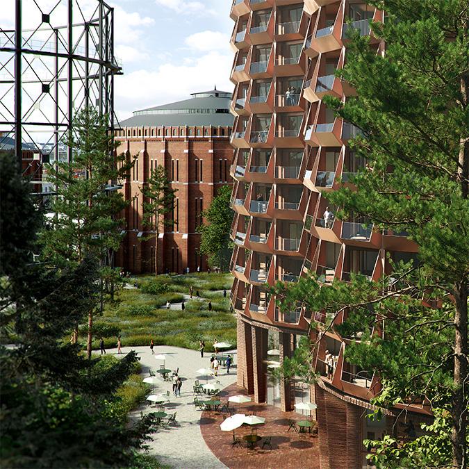 Gut leben zwischen neu genutzten Baudenkmälern: Einladend gestaltete Grünflächen sind fixer Teil des Plans für „Stadsljus“. (Bild: COBE & Yellon)