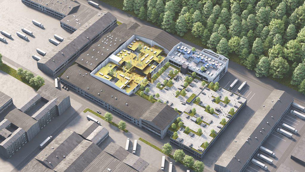 Gewerbebrache, durch adaptive Re-Use neu belebt: Aus verwaisten Lagerhallen wurde das moderne, begrünte und flexibel nutzbare „Handelszentrum 16“. (Bild: smartvoll)